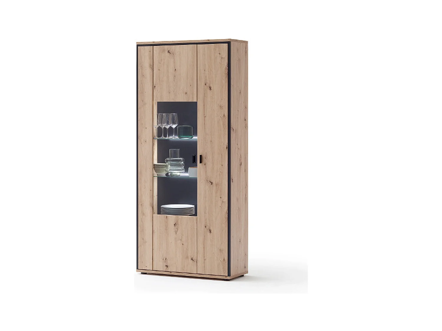 Vitrine coloris chêne + LED - Longueur 93 x Hauteur 210 x Profondeur 38 cm