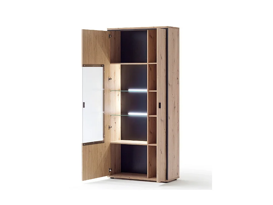 Vitrine coloris chêne + LED - Longueur 93 x Hauteur 210 x Profondeur 38 cm