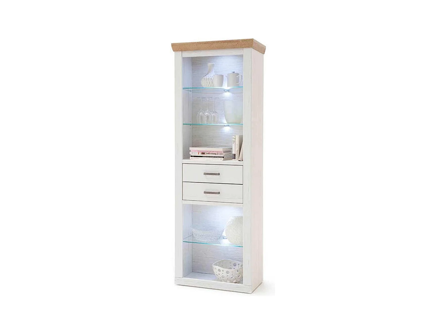 Vitrine en bois de pin blanc et chêne avec LED - L.73 x H.210 x P.40 cm