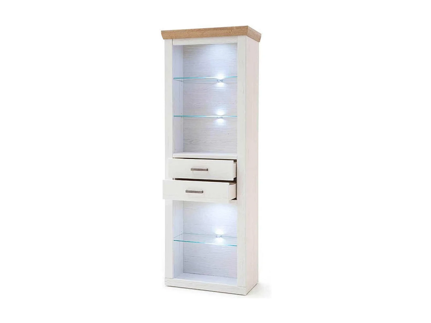 Vitrine en bois de pin blanc et chêne avec LED - L.73 x H.210 x P.40 cm