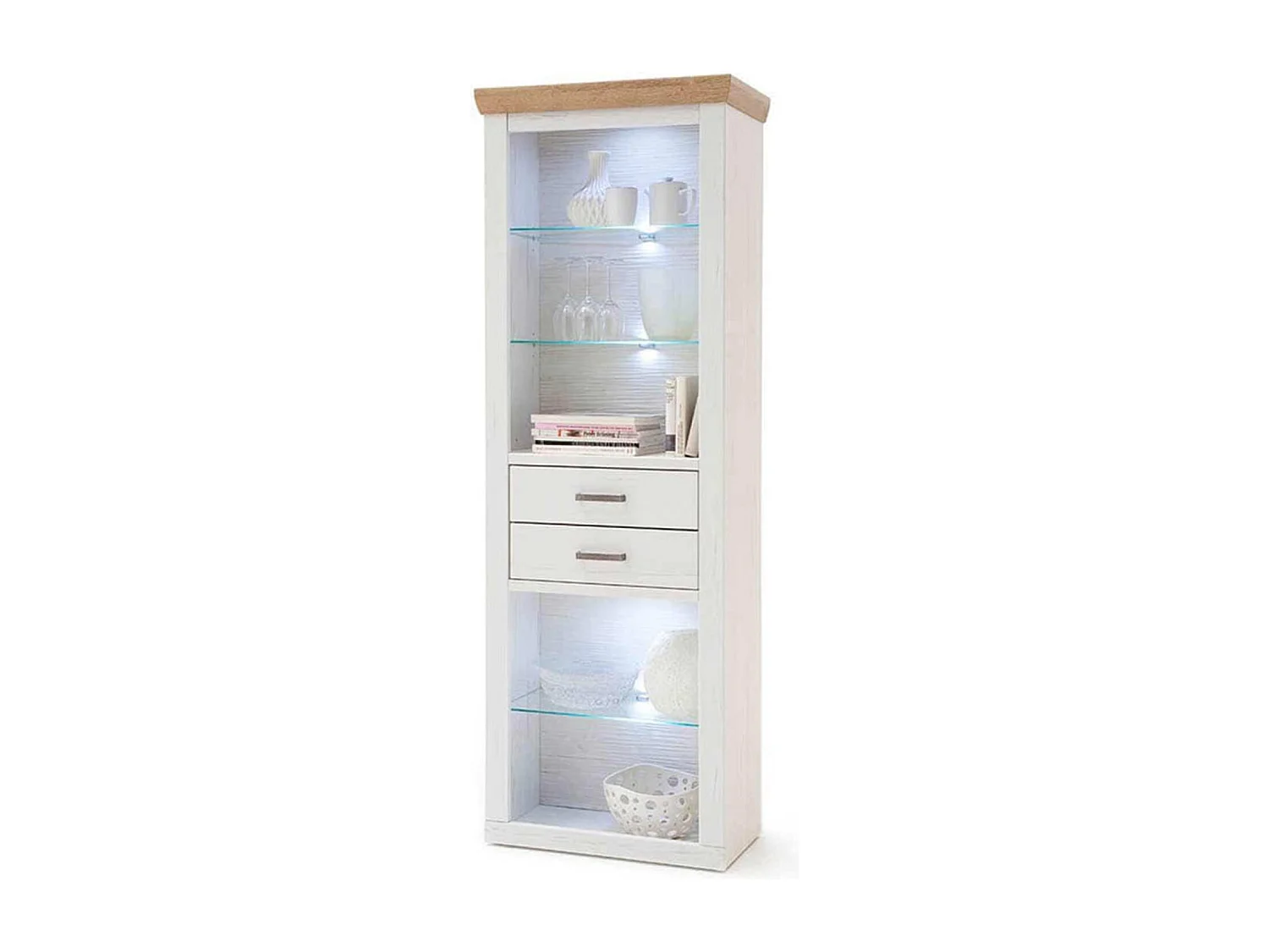 Vitrine en bois de pin blanc et chêne avec LED - L.73 x H.210 x P.40 cm