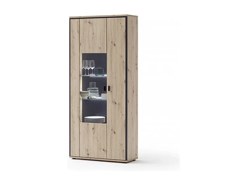 Vitrine coloris chêne sombre avec éclairage LED - Longueur 63 x Hauteur 210 x Profondeur 38 cm