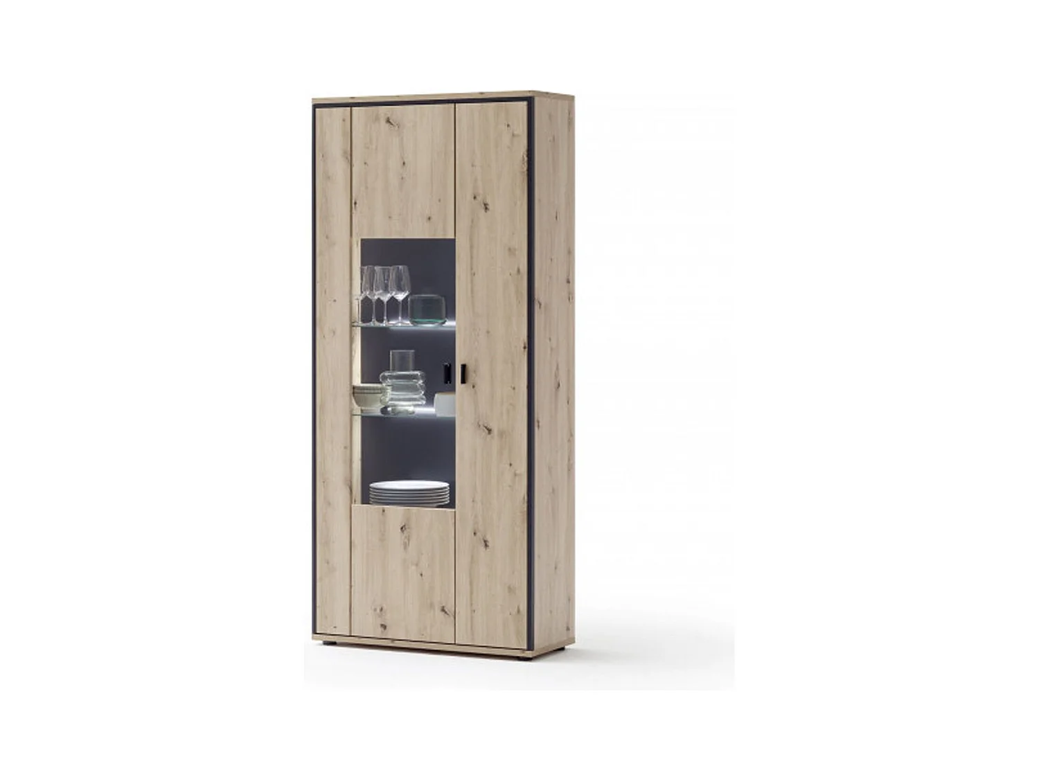 Vitrine coloris chêne sombre avec éclairage LED - Longueur 63 x Hauteur 210 x Profondeur 38 cm