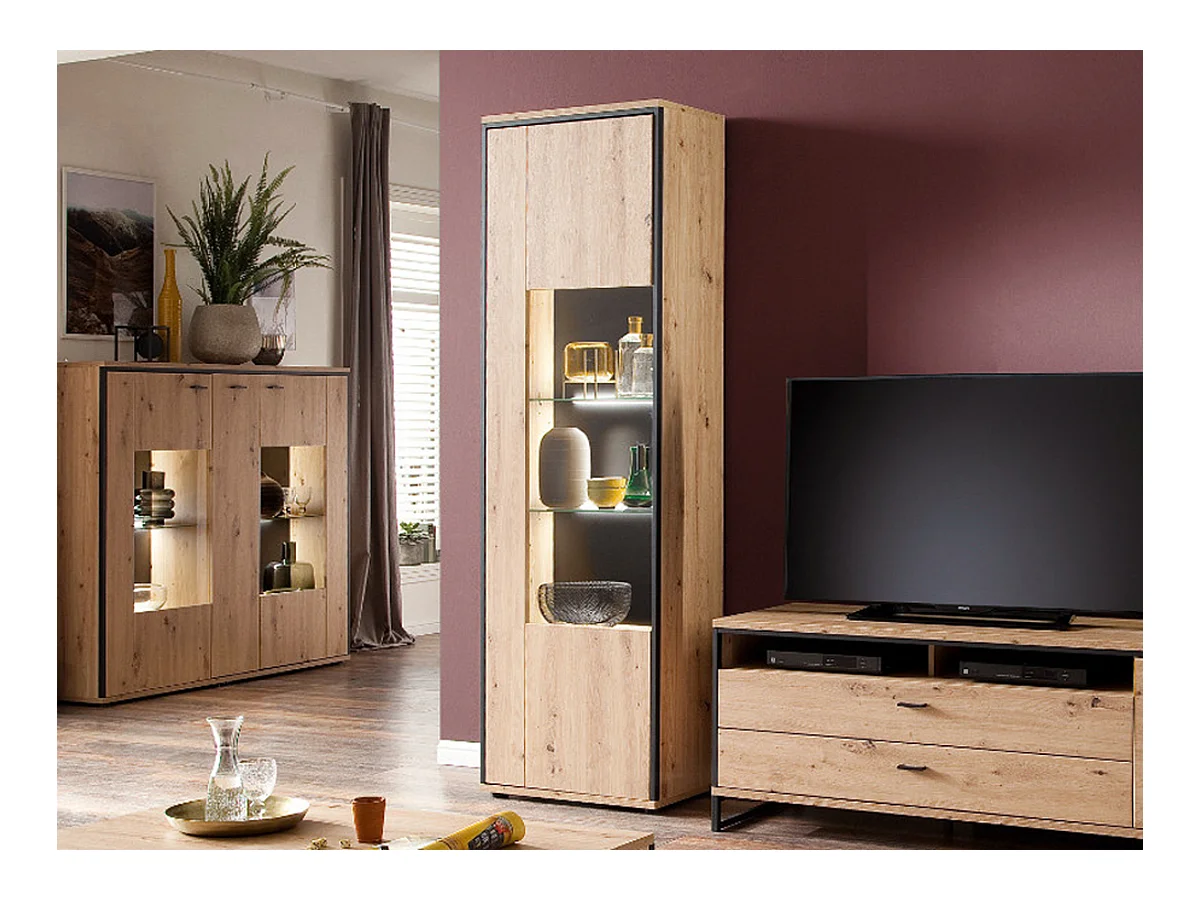 Vitrine coloris chêne sombre avec éclairage LED - Longueur 63 x Hauteur 210 x Profondeur 38 cm