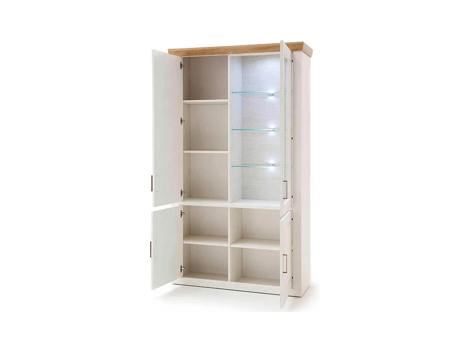 Vitrine en pin blanc et chêne avec LED - L.118 x H.210 x P.40 cm