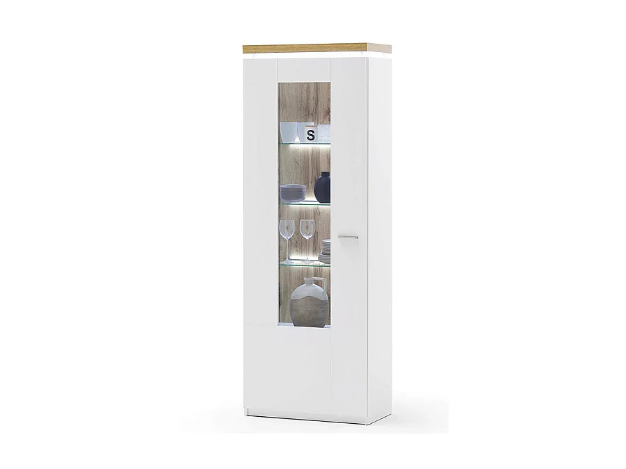 Vitrine coloris blanc / chêne wotan + éclairage LED - Longueur 70 x Hauteur 197 x Profondeur 38 cm