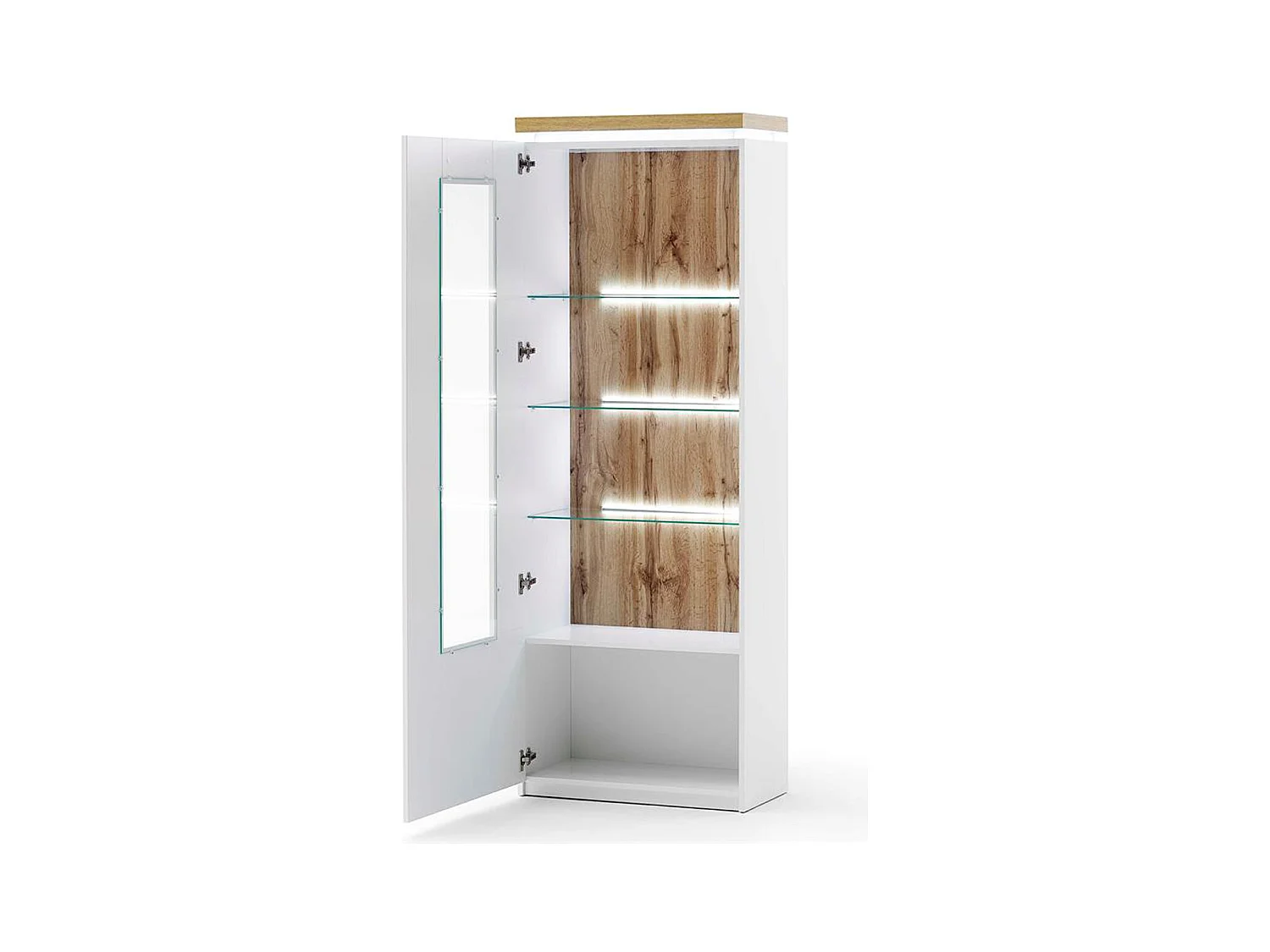 Vitrine coloris blanc / chêne wotan + éclairage LED - Longueur 70 x Hauteur 197 x Profondeur 38 cm