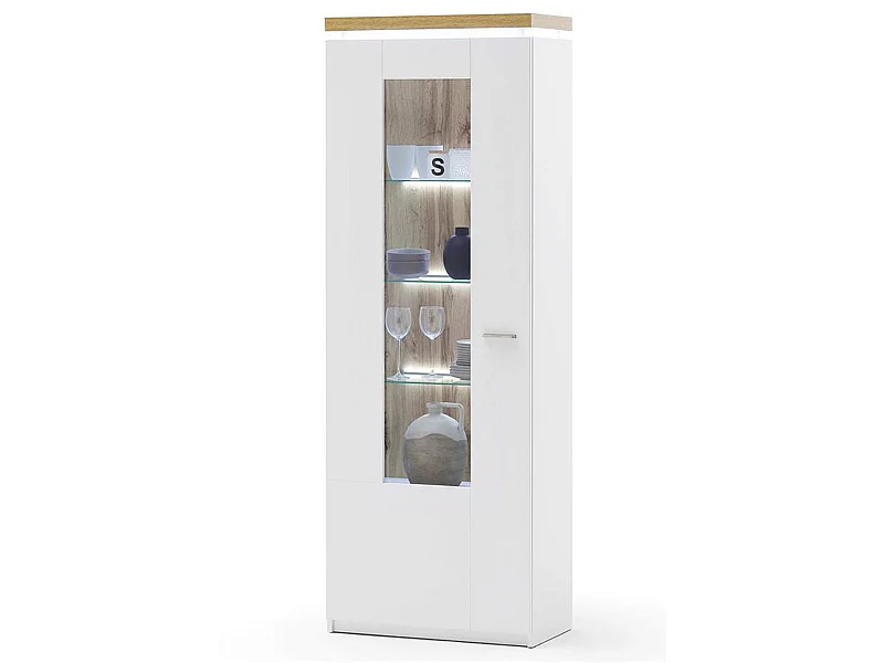 Vitrine coloris blanc / chêne wotan + éclairage LED - Longueur 70 x Hauteur 197 x Profondeur 38 cm