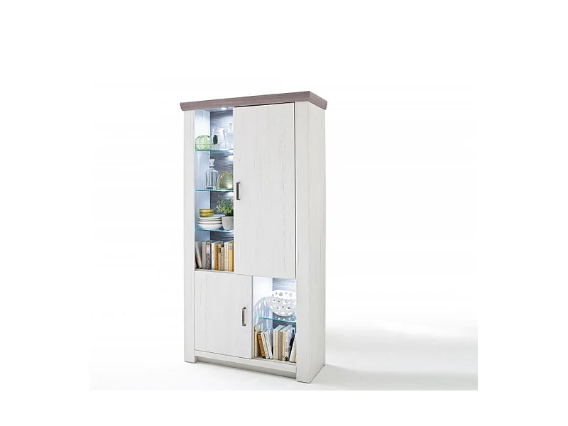 Vitrine / Vaisselier en pin blanc et chêne Nelson + LED - L.110 x H.210 x P.45 cm