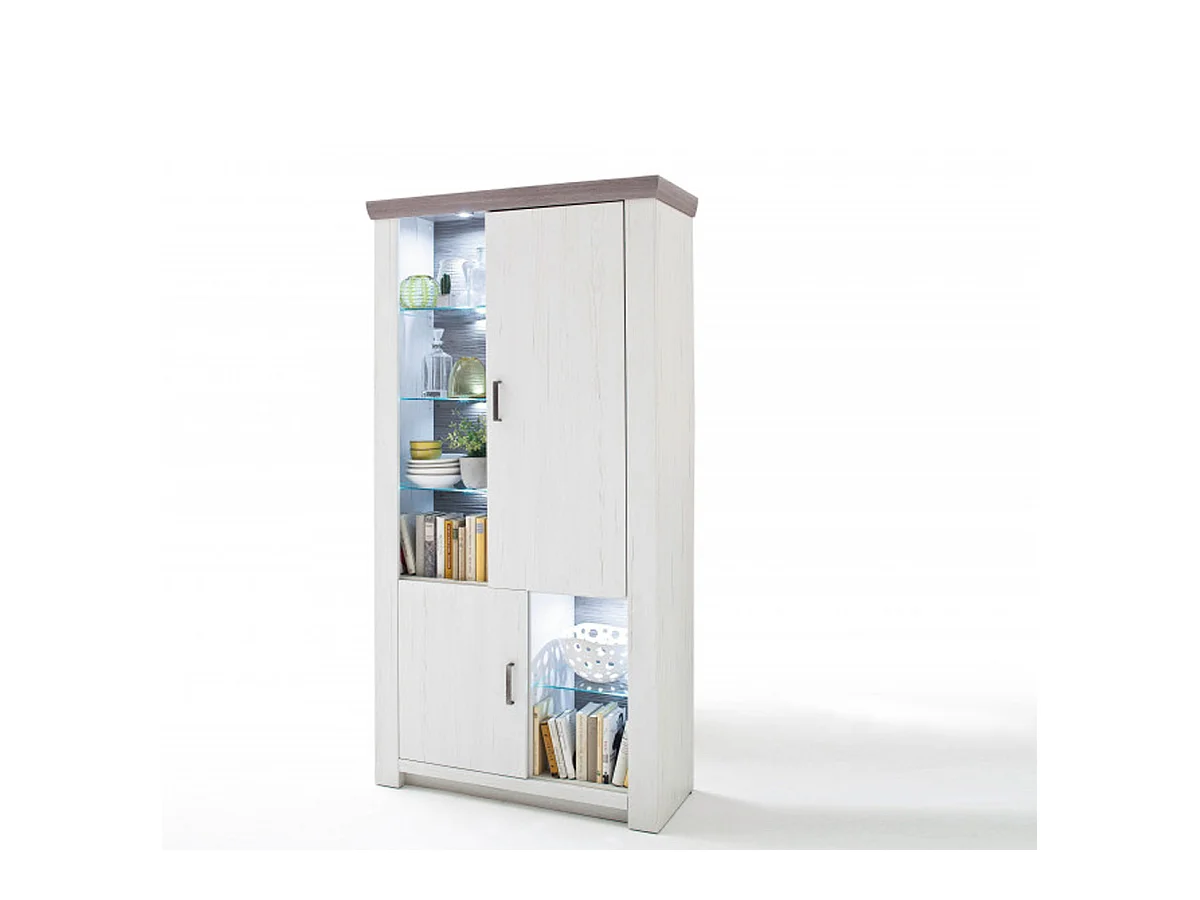 Vitrine / Vaisselier en pin blanc et chêne Nelson + LED - L.110 x H.210 x P.45 cm