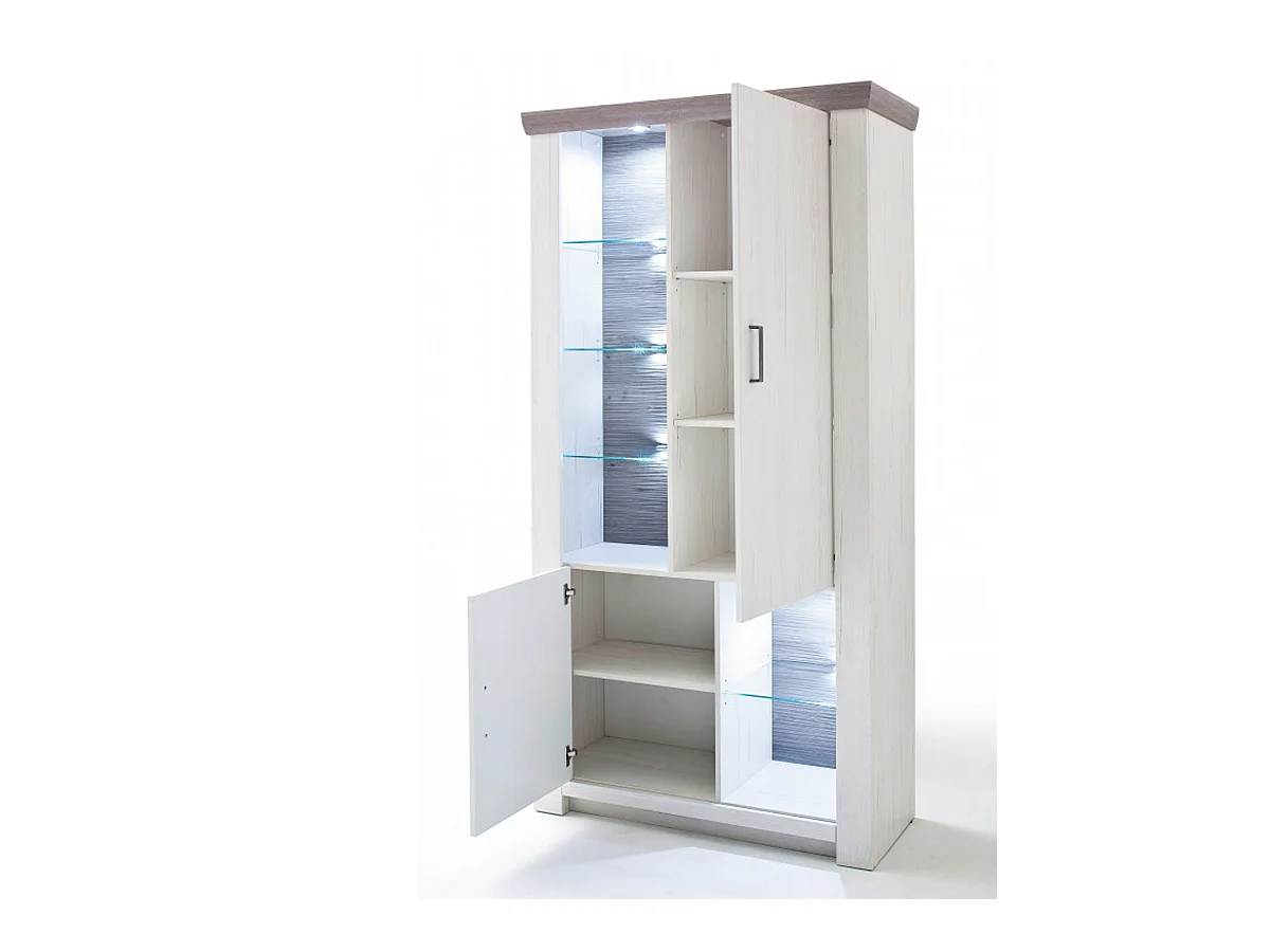 Vitrine / Vaisselier en pin blanc et chêne Nelson + LED - L.110 x H.210 x P.45 cm