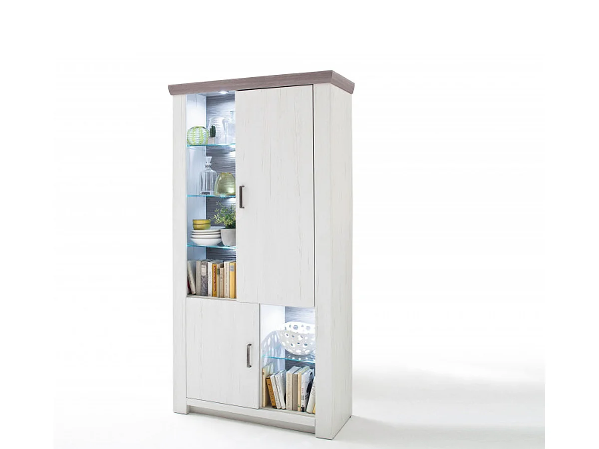 Vitrine / Vaisselier en pin blanc et chêne Nelson + LED - L.110 x H.210 x P.45 cm