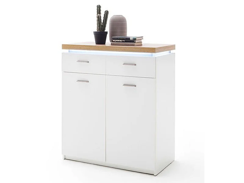 Commode de rangement coloris chêne et blanc - Longueur 85 x Hauteur 98 x Profondeur 44 cm