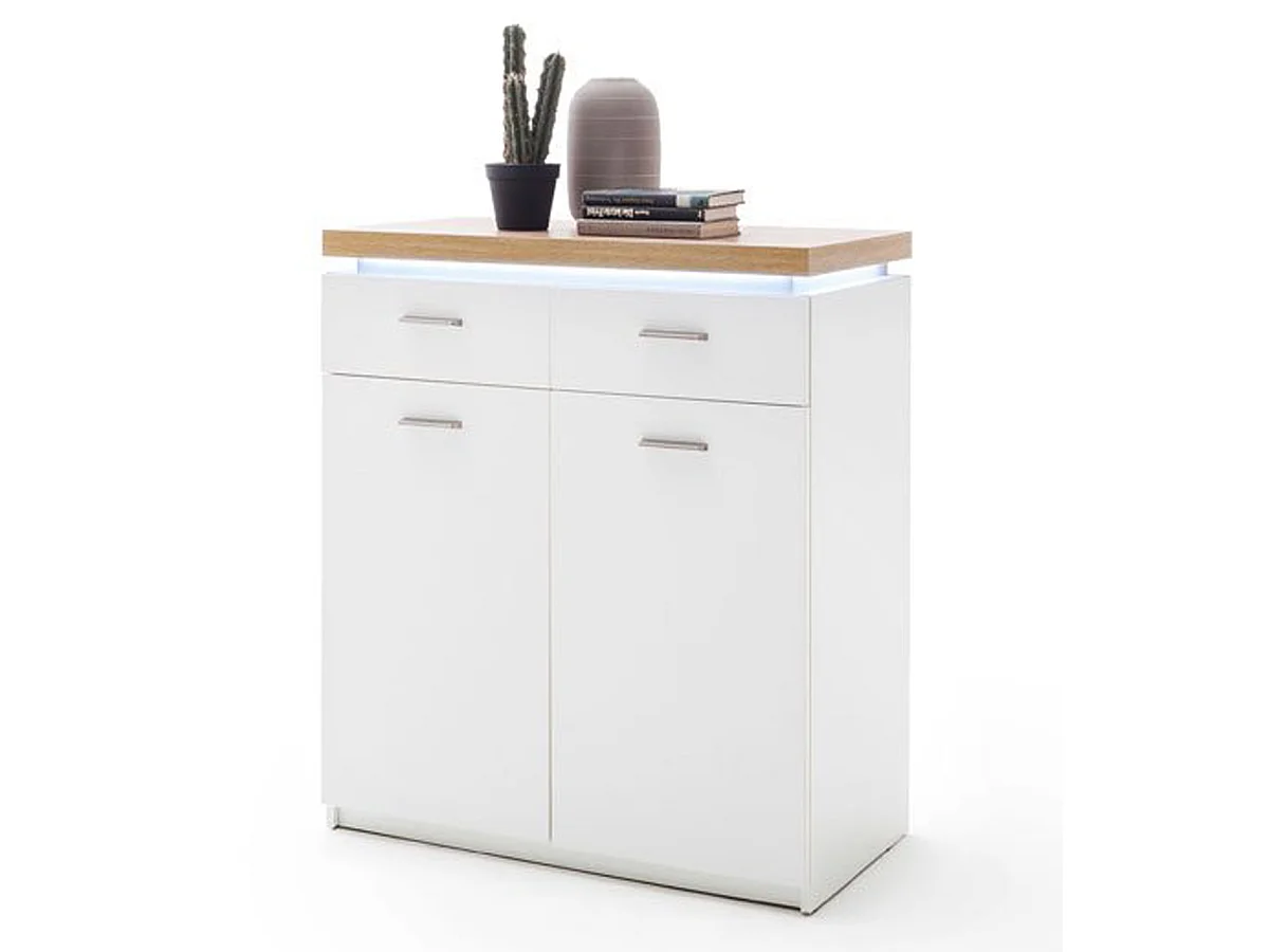 Commode de rangement coloris chêne et blanc - Longueur 85 x Hauteur 98 x Profondeur 44 cm