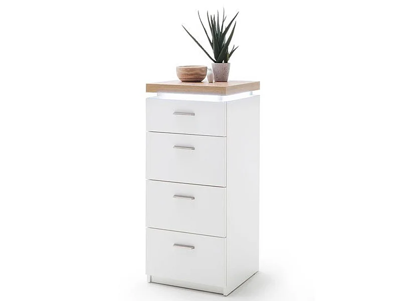 Commode de rangement coloris blanc /chêne + LED - Longueur 42 x Hauteur 98 x Profondeur 44 cm