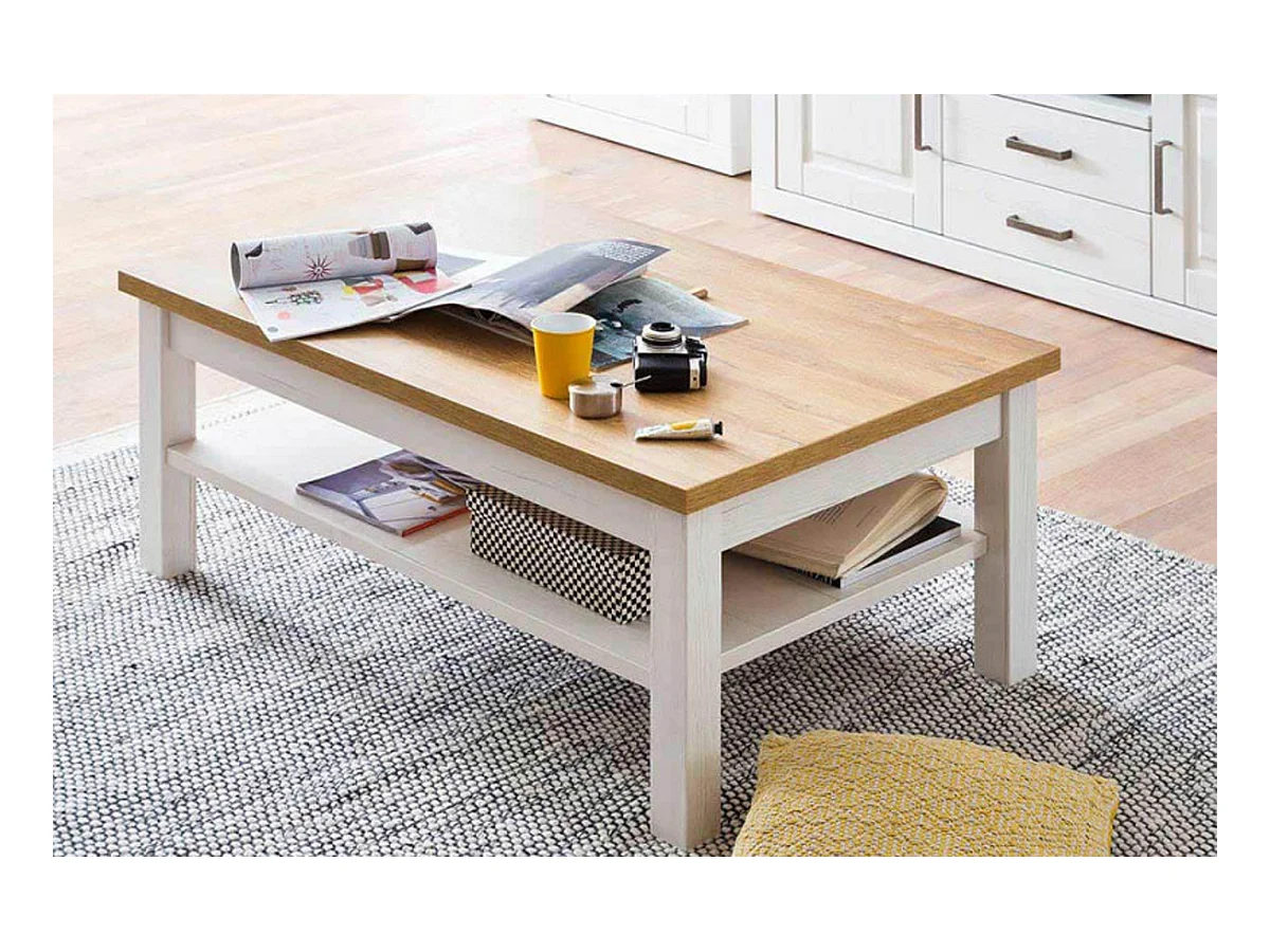 Table basse avec rangements en bois coloris blanc / chêne - L.114 x H.46 x P.70 cm