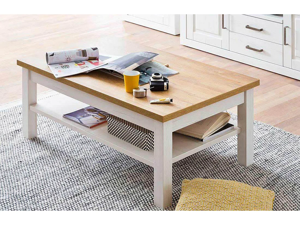 Table basse avec rangements en bois coloris blanc / chêne - L.114 x H.46 x P.70 cm