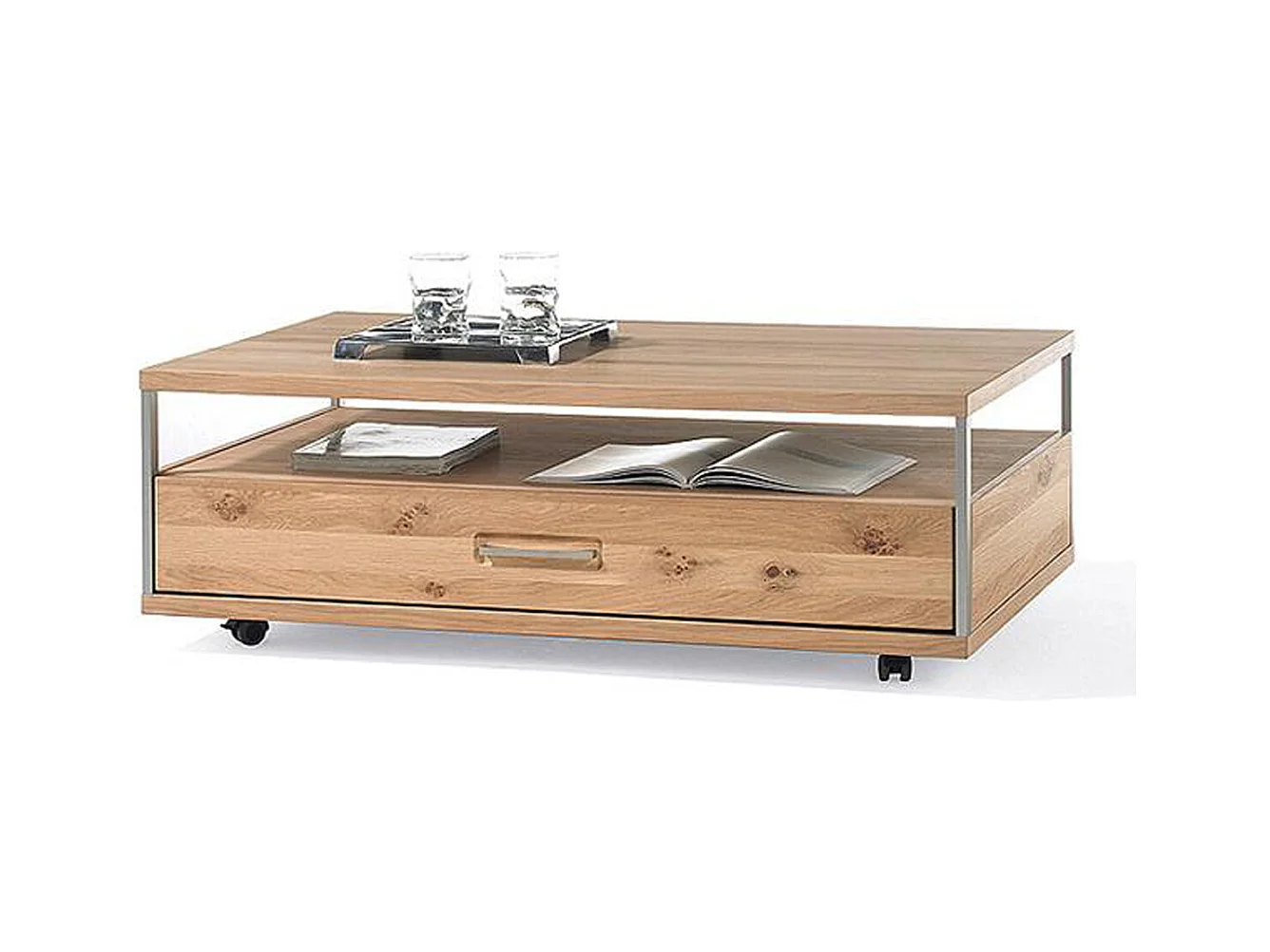 Table basse avec rangements en chêne massif balnchi - L.115 x H.39 x P.70 cm