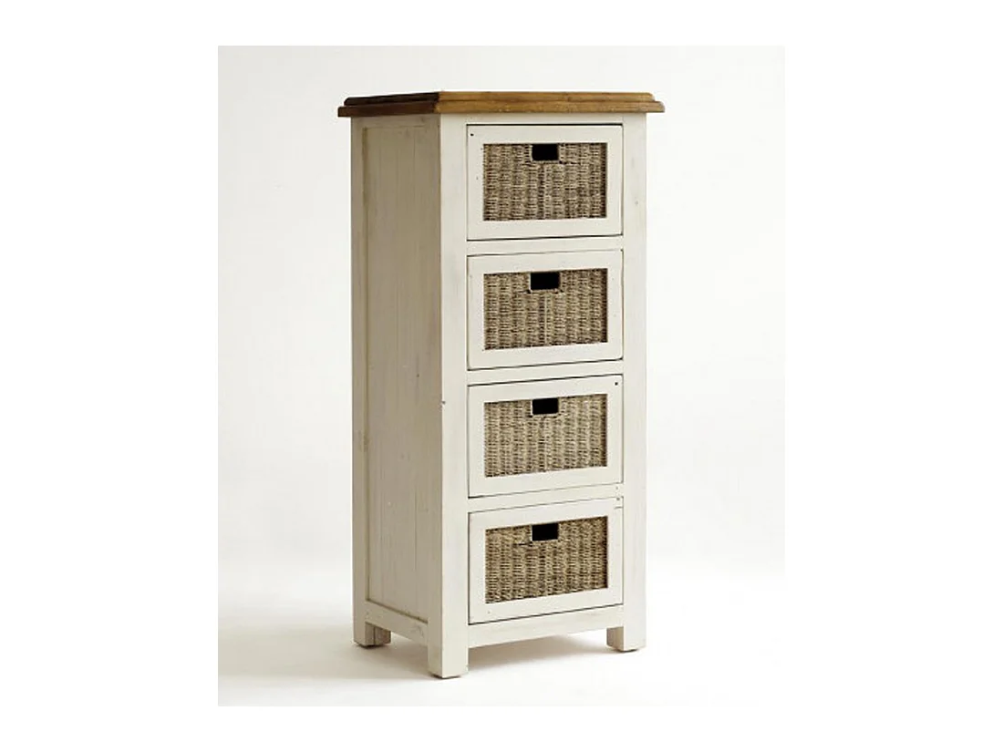 Chiffonnier en pin massif de 4 tiroirs en rotin , blanc / miel - L.58 x H.127 x P.45 cm