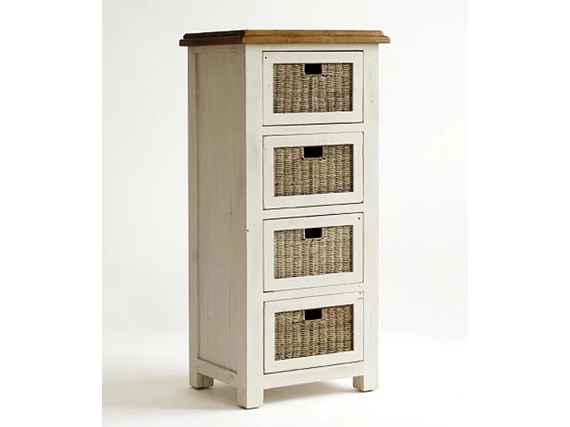 Chiffonnier en pin massif de 4 tiroirs en rotin , blanc / miel - L.58 x H.127 x P.45 cm