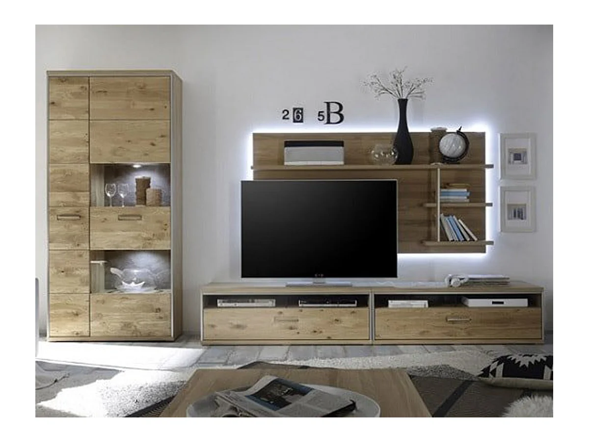 Etagère murale coloris chêne noueux blanchi - Longueur 184 x Hauteur 96 x Profondeur 28 cm