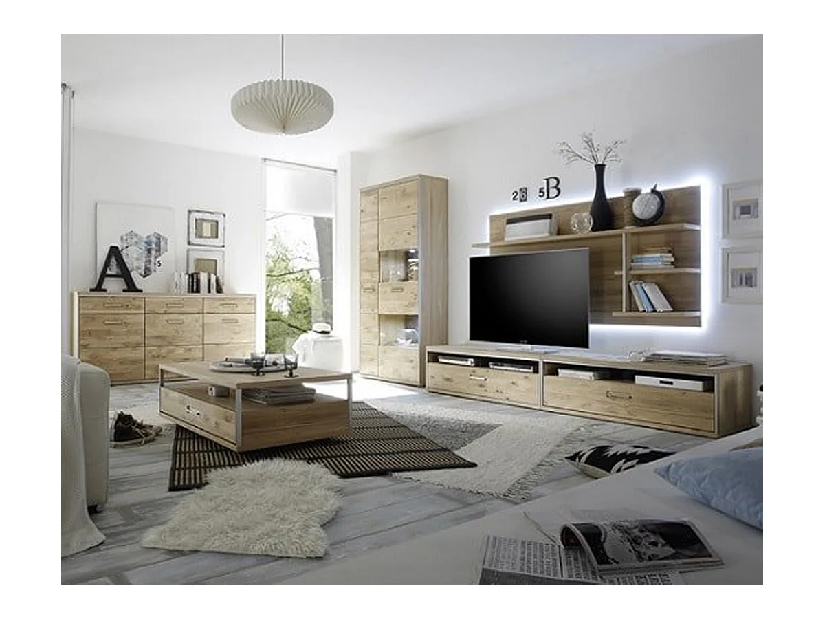 Etagère murale coloris chêne noueux blanchi - Longueur 184 x Hauteur 96 x Profondeur 28 cm