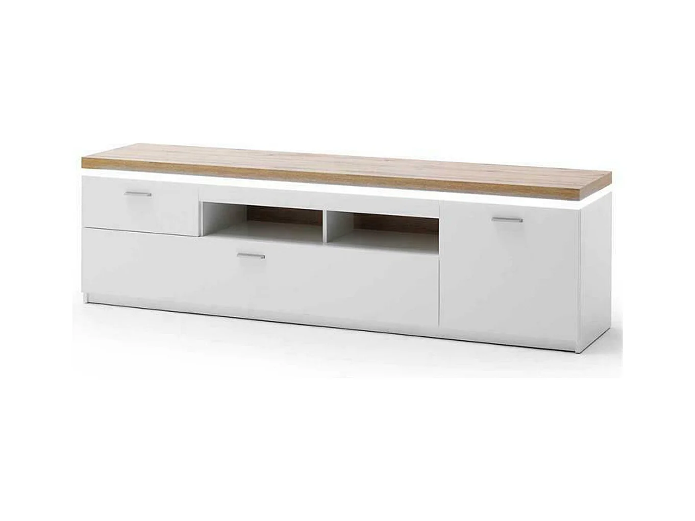 Meuble TV coloris blanc et chêne wotan - Longueur 195 x Hauteur 57 x Profondeur 44 cm