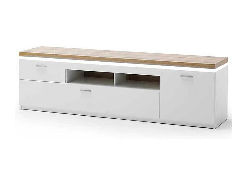 Meuble TV coloris blanc et chêne wotan - Longueur 195 x Hauteur 57 x Profondeur 44 cm