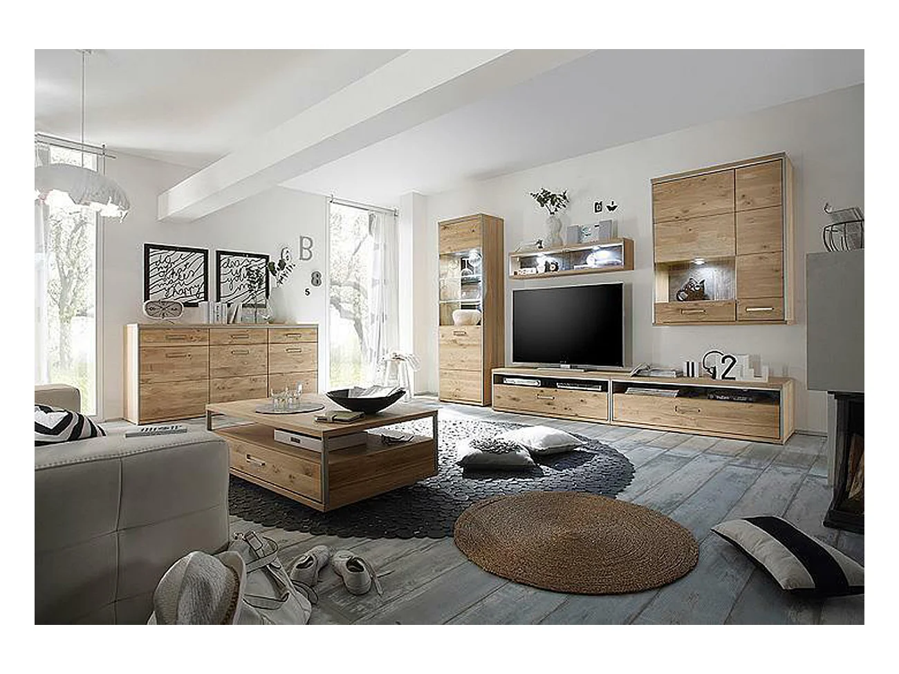 Meuble TV coloris chêne noueux bianco - Longueur 124 x Hauteur 51 x Profondeur 52 cm