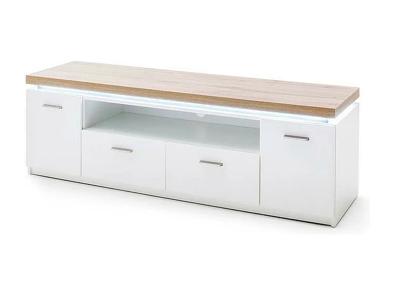 Meuble TV coloris blanc et chêne wotan - Longueur 156 x Hauteur 50 x Profondeur 44 cm