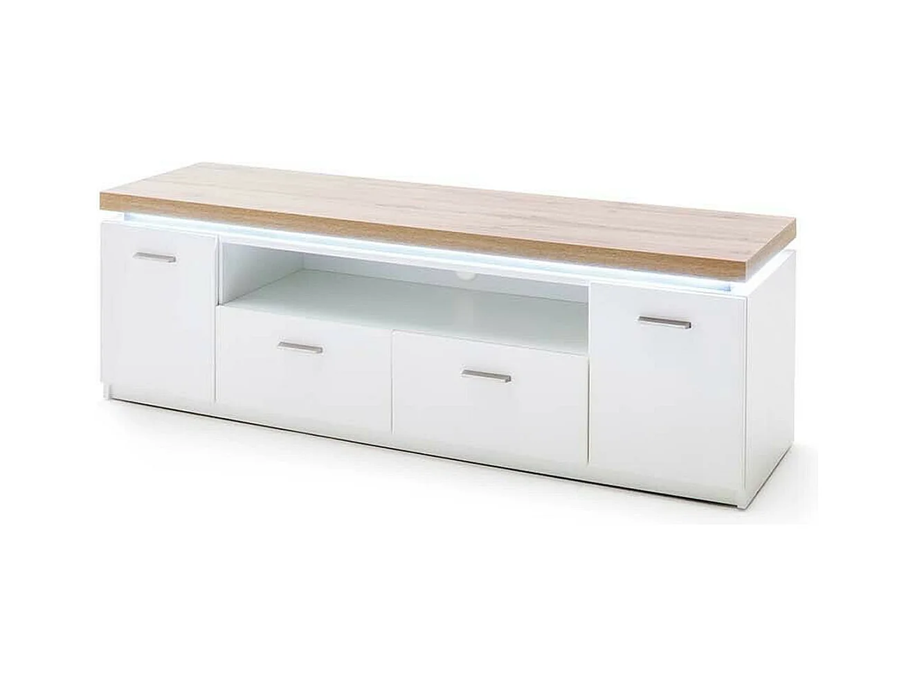 Meuble TV coloris blanc et chêne wotan - Longueur 156 x Hauteur 50 x Profondeur 44 cm