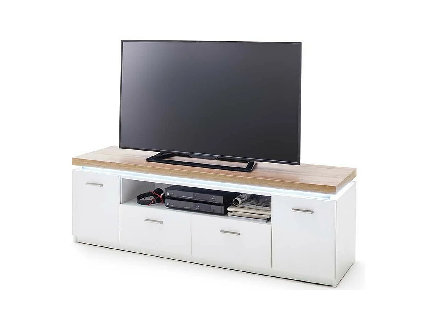 Meuble TV coloris blanc et chêne wotan - Longueur 156 x Hauteur 50 x Profondeur 44 cm