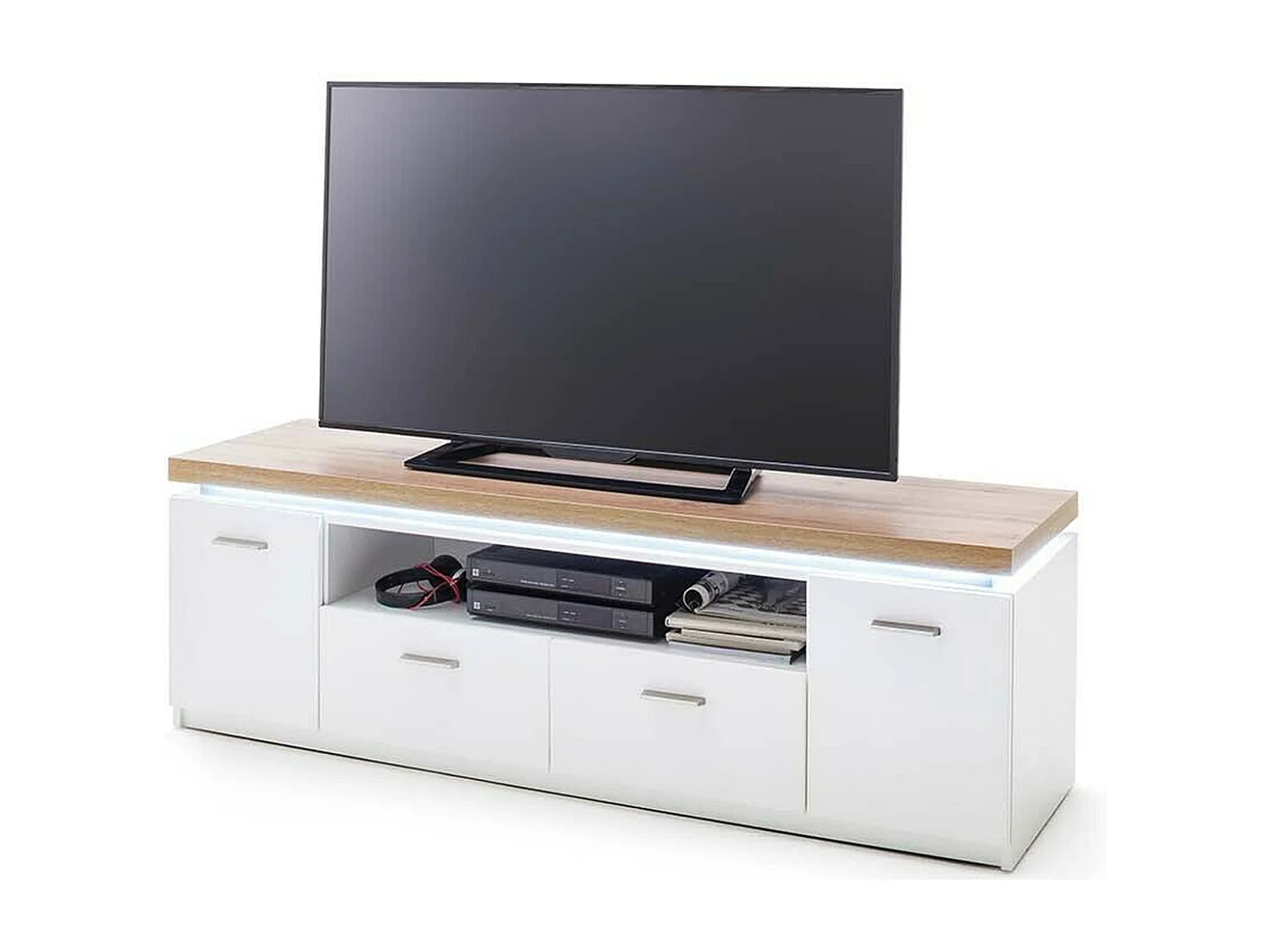 Meuble TV coloris blanc et chêne wotan - Longueur 156 x Hauteur 50 x Profondeur 44 cm