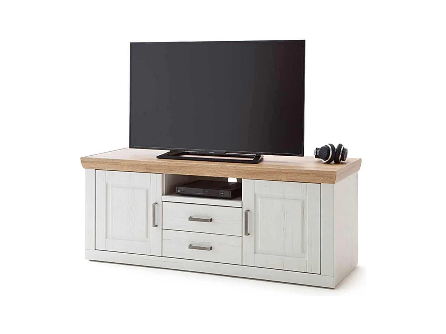 Meuble TV en pin blanc et chêne - L.198 x H.63 x P.52 cm