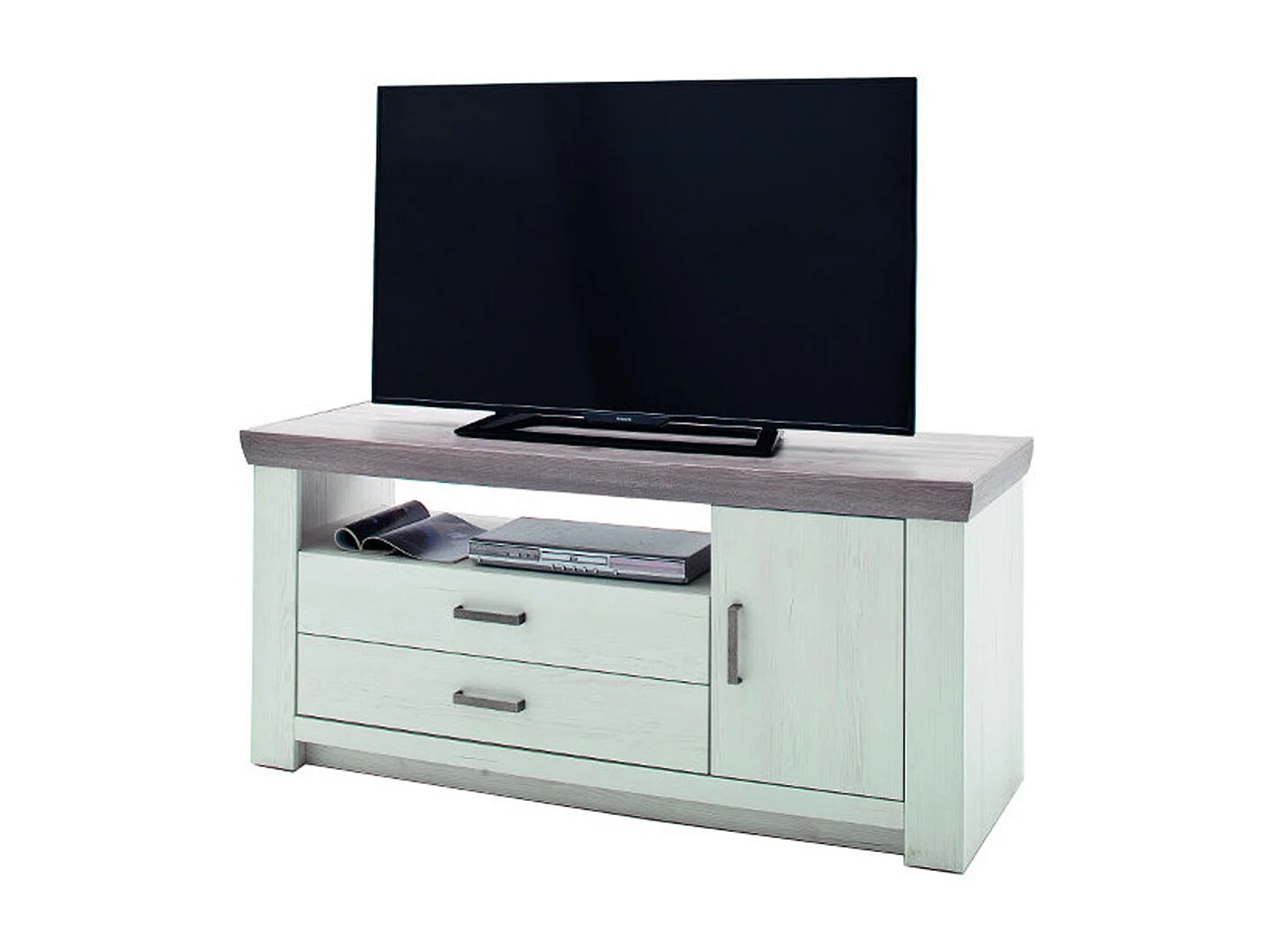 Meuble TV en pin blanc et chêne Neslon - L.180 x H.66 x P.56 cm