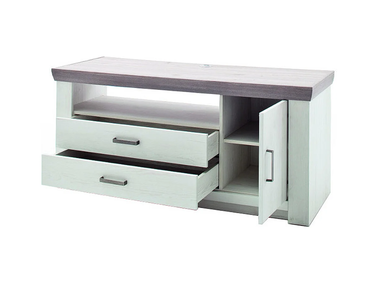 Meuble TV en pin blanc et chêne Neslon - L.144 x H.67 x P.55 cm