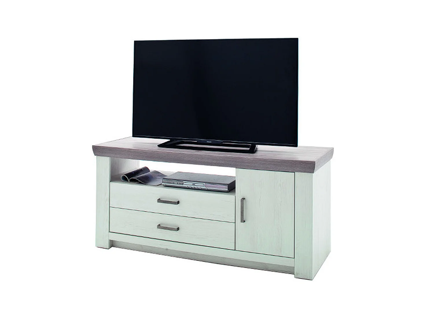 Meuble TV en pin blanc et chêne Neslon - L.144 x H.67 x P.55 cm
