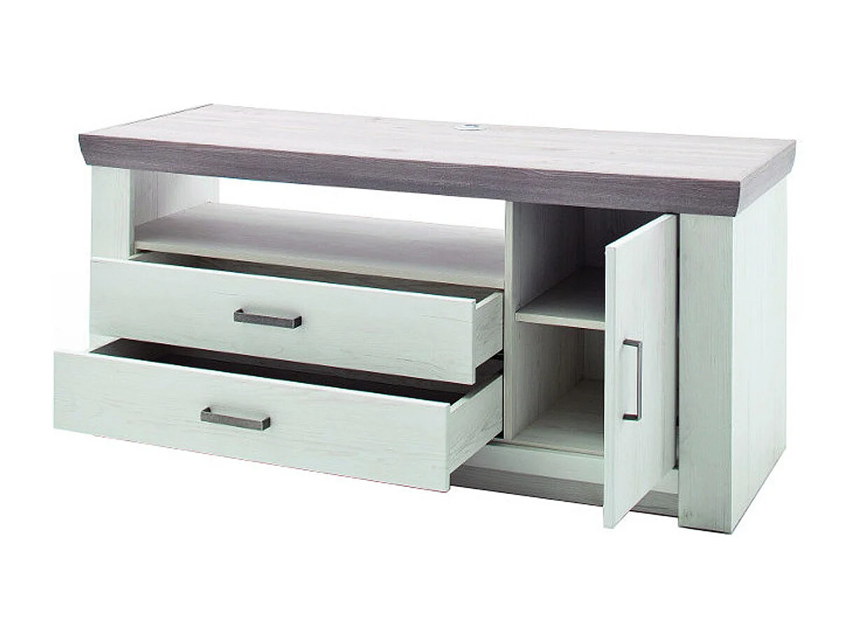 Meuble TV en pin blanc et chêne Neslon - L.144 x H.67 x P.55 cm