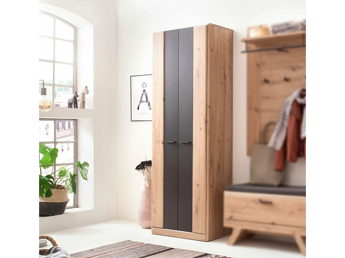 Armoire de rangement en bois coloris chêne / noir - L.69 x H.198 x P.39 cm