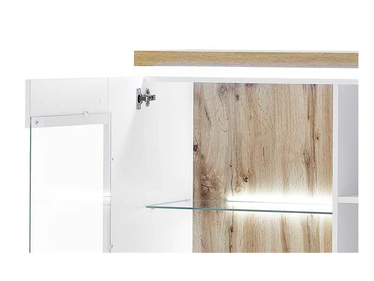 Buffet / Vaisselier blanc avec plateau en chêne Wotan - Longueur 98 x Hauteur 143 x Profondeur 38 cm