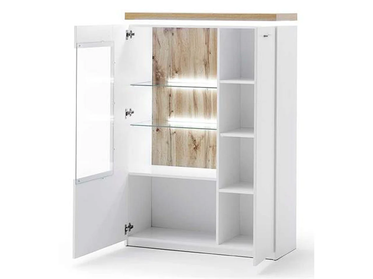 Buffet / Vaisselier blanc avec plateau en chêne Wotan - Longueur 98 x Hauteur 143 x Profondeur 38 cm