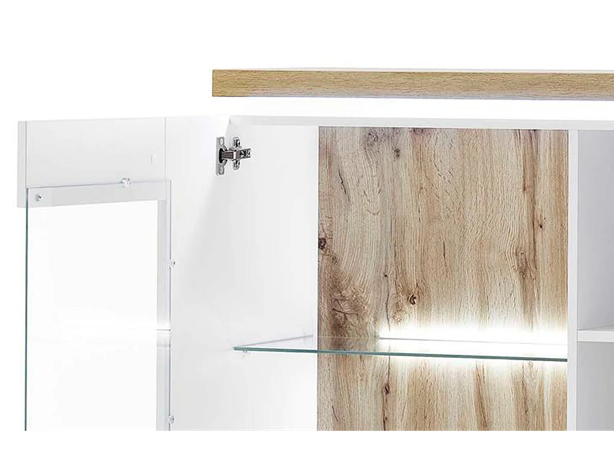 Buffet / Vaisselier blanc avec plateau en chêne Wotan - Longueur 98 x Hauteur 143 x Profondeur 38 cm