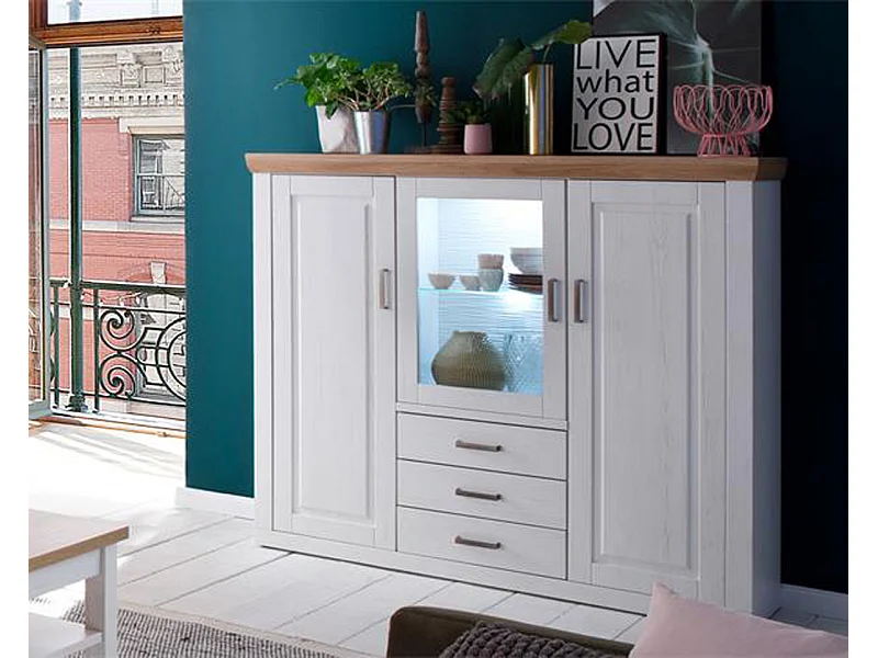 Buffet / Vaisselier en pin blanc et chêne avec LED - L.163 x H.142 x P.40 cm