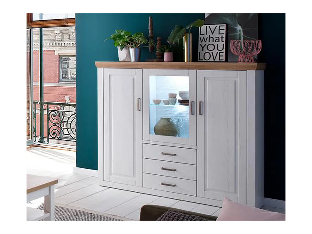 Buffet / Vaisselier en pin blanc et chêne avec LED - L.163 x H.142 x P.40 cm