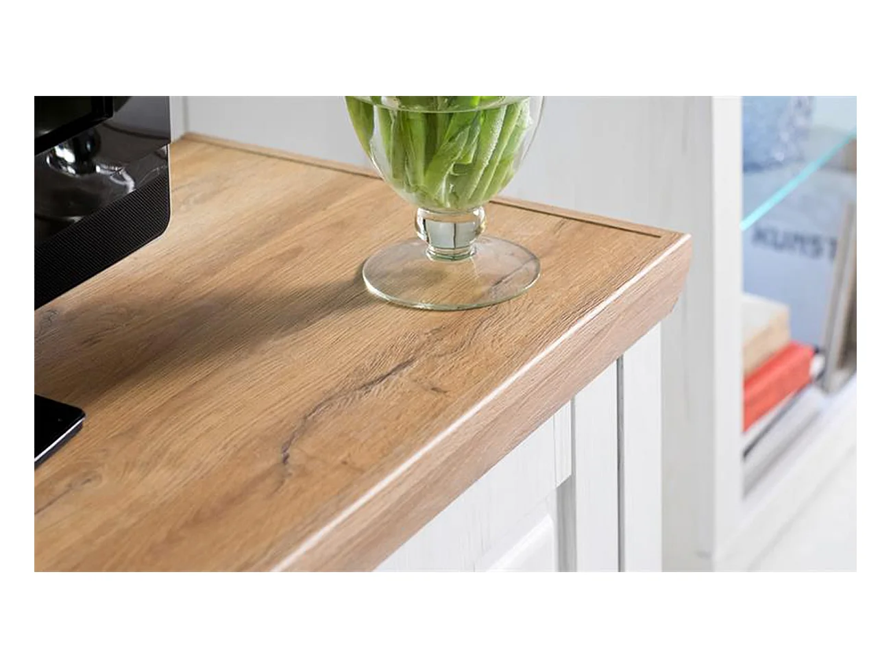 Buffet / Vaisselier en pin blanc et chêne avec LED - L.163 x H.142 x P.40 cm