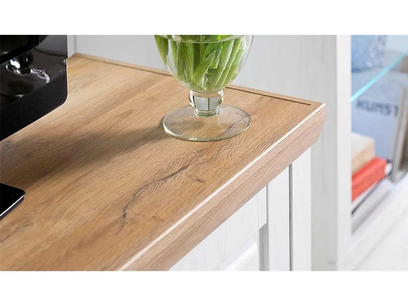 Buffet / Vaisselier en pin blanc et chêne avec LED - L.163 x H.142 x P.40 cm