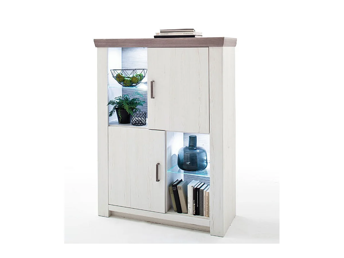 Vaisselier / Buffet haut en pin blanc et chêne Neslon avec LED - L.110 x H.146 x P.45 cm