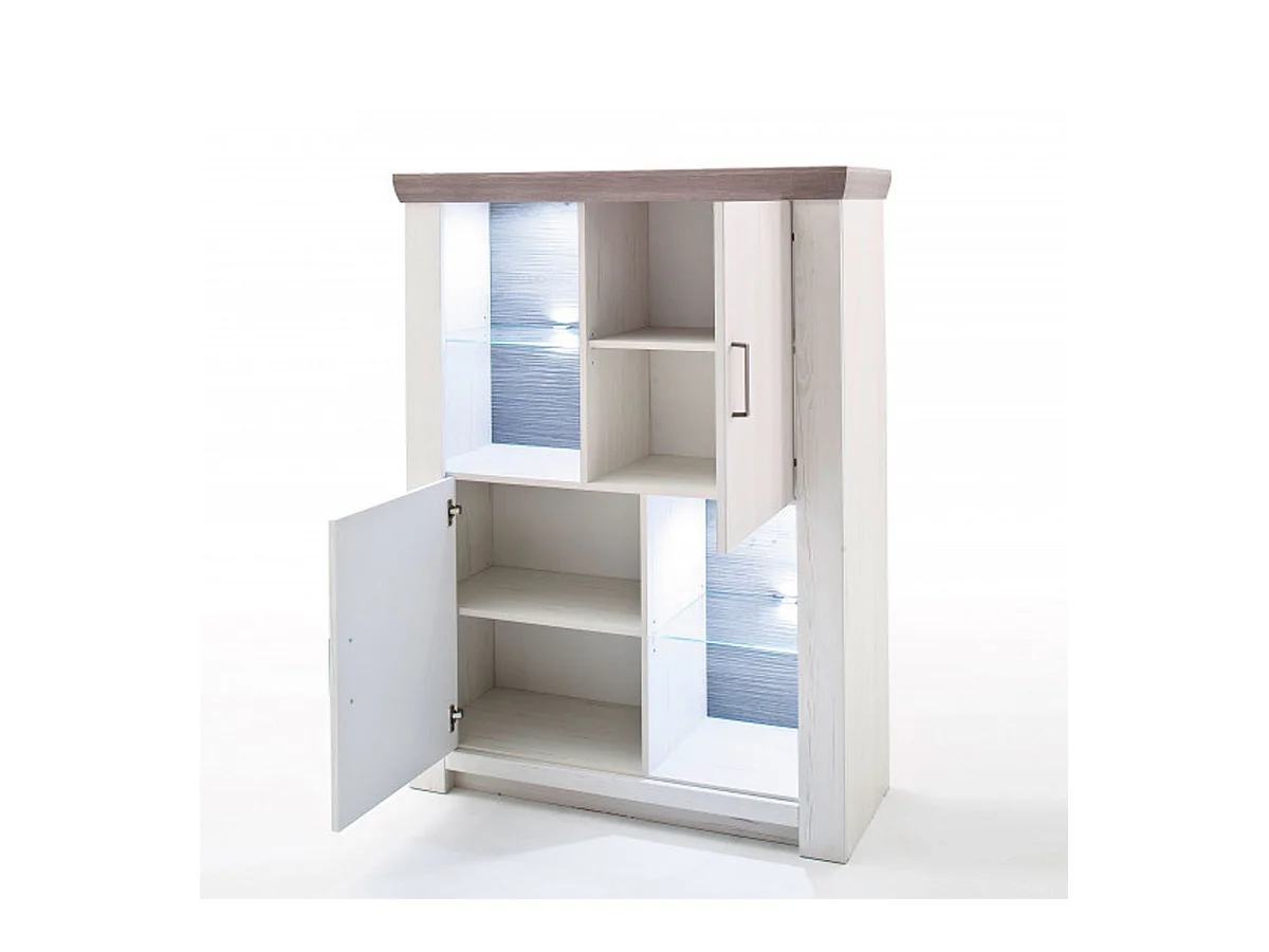 Vaisselier / Buffet haut en pin blanc et chêne Neslon avec LED - L.110 x H.146 x P.45 cm