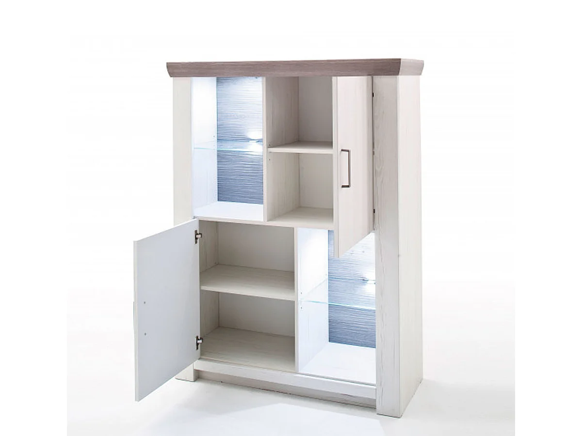 Vaisselier / Buffet haut en pin blanc et chêne Neslon avec LED - L.110 x H.146 x P.45 cm