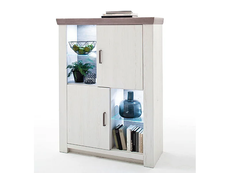 Vaisselier / Buffet haut en pin blanc et chêne Neslon avec LED - L.110 x H.146 x P.45 cm